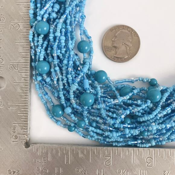 Vintage Multi Strand Blue Statement Glass Station Seed Bead Bib Collar Necklace - Picture 10 of 13